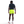 Person wearing a navy shirt and bright yellow shorts on a white background
