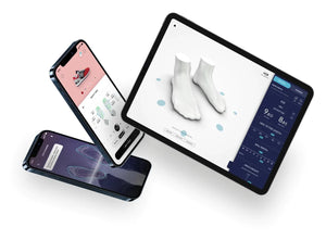 Three computer screens showing data points and 3D images of a person's feet showing the technology used in the stores to collect data on a person's feet.