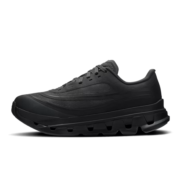 A black athletic sneaker shown in a side profile view against a clean white background.