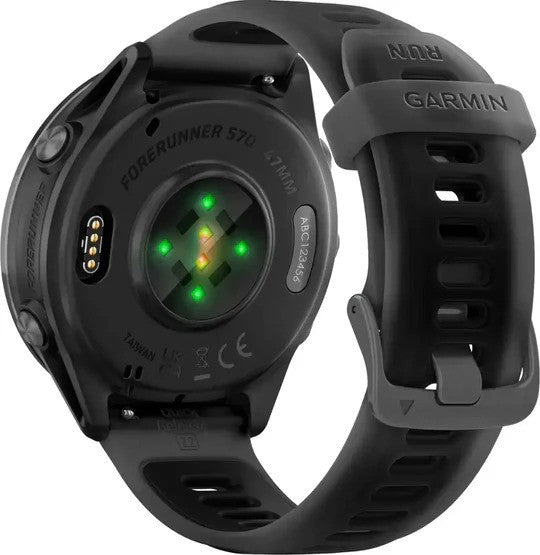 Garmin smartwatch with black band on a white background