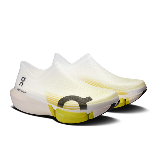 A pair of On Cloudrunning shoes in white and pale yellow with a bright yellow-green midsole accent, shown on a clean white background.