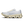 A single running shoe from the brand 'on' shown in a side profile view against a white background. The shoe features a light gray mesh upper, a thick cream-colored cushioned sole with black air pockets, and subtle pale yellow accents on the laces and toe cap.