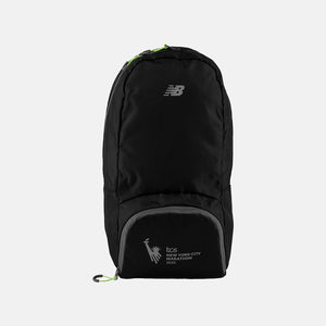 Black backpack with New Balance logo on a light gray background