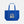 Blue tote bag with a graphic design on a light gray background