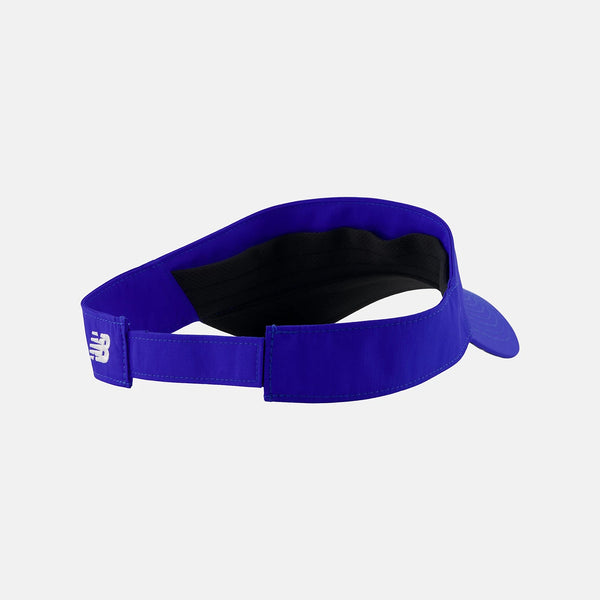 Blue visor with a brand logo on a light gray background