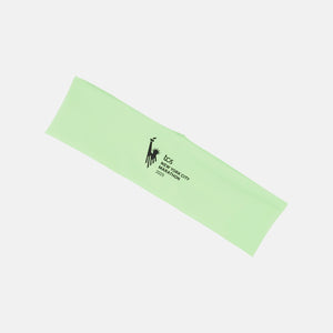 Light green headband with black text and logo on a white background