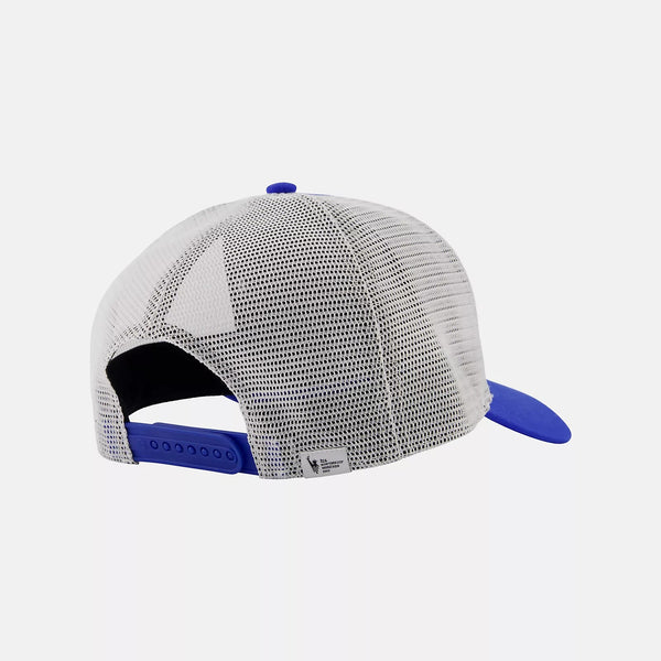 Gray mesh cap with blue bill on a light gray background