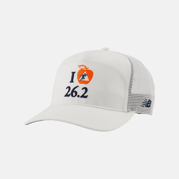 White cap with 'I love 26.2' design on a white background