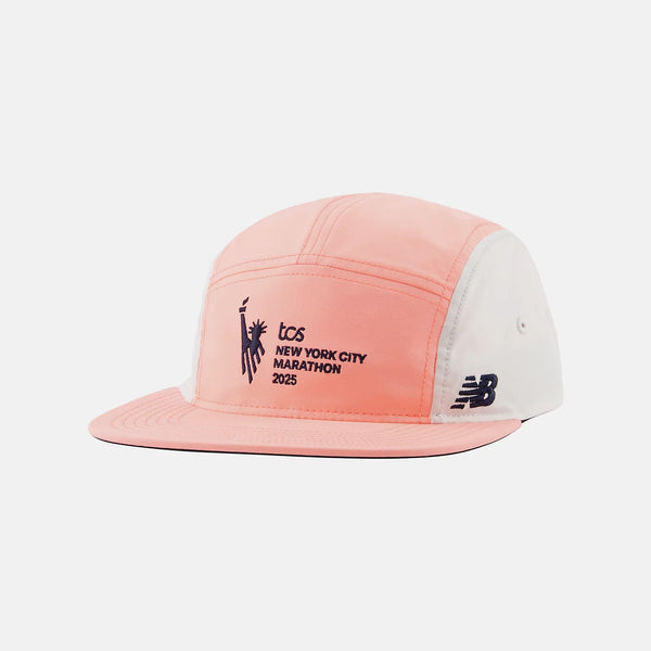 Pink cap with white brim featuring 'ICS New York City Marathon' text on a white background
