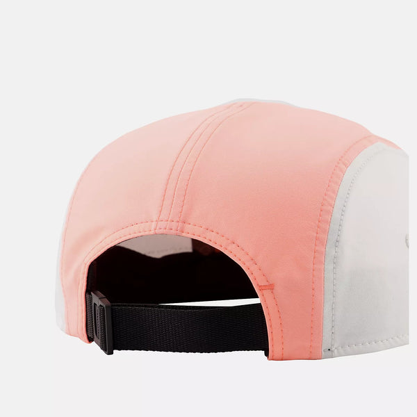 Pink and gray cap with a black strap on a white background