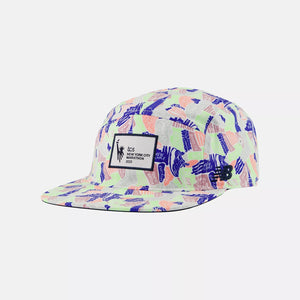 Colorful patterned cap with a brand logo on a white background