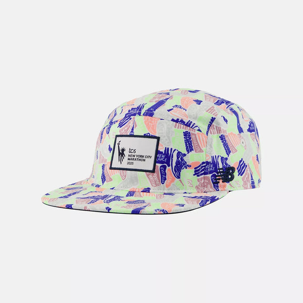Colorful patterned cap with a brand logo on a white background