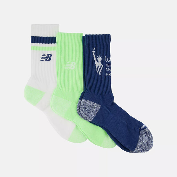 Three pairs of socks in white, green, and blue with brand logos on a light gray background
