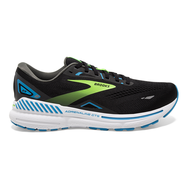 Lateral view of the Men's Adrenaline GTS 23 by Brook's in the color Black/Hawaiian Ocean/Green