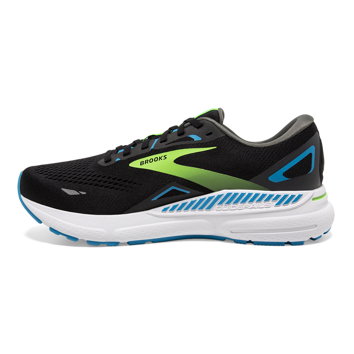 Medial view of the Men's Adrenaline GTS 23 by Brook's in the color Black/Hawaiian Ocean/Green