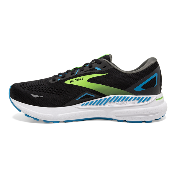 Medial view of the Men's Adrenaline GTS 23 by Brook's in the color Black/Hawaiian Ocean/Green