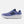 Blue running shoe with white sole on a white background