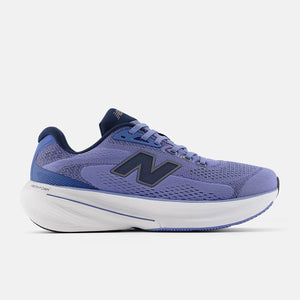 Blue running shoe with New Balance logo on a light gray background