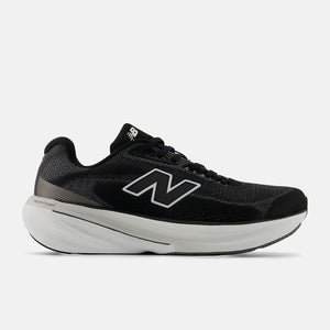Black and white running shoe with white sole on a white background