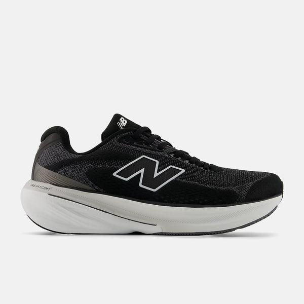 Black and white running shoe with white sole on a white background