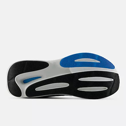 A New Balance running shoe in white, gray, and blue against a light gray background.