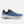 Blue running shoe with black accents on a white background