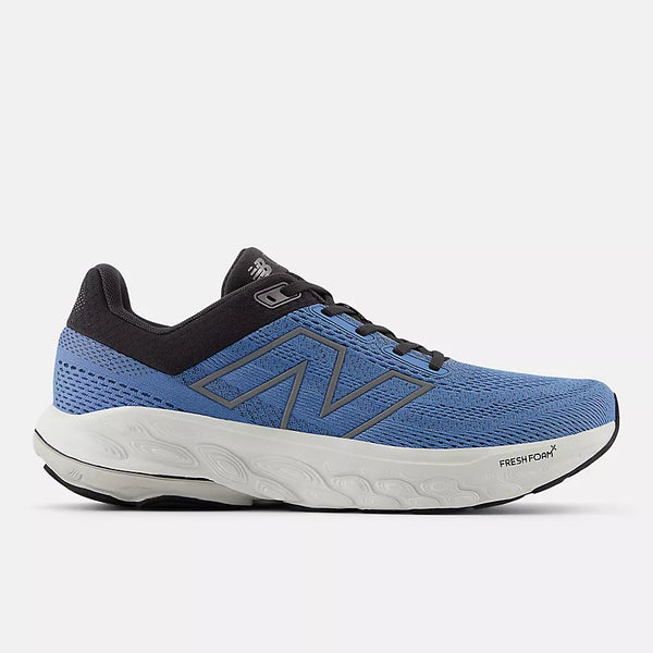 Blue running shoe with black accents on a white background