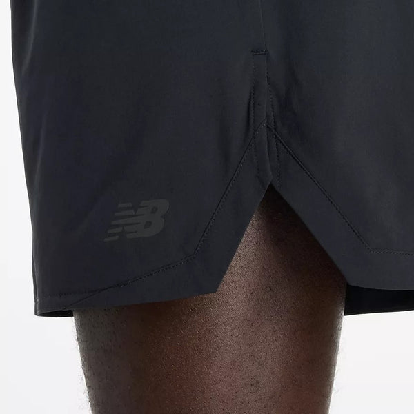 Black athletic shorts with New Balance logo on a white background