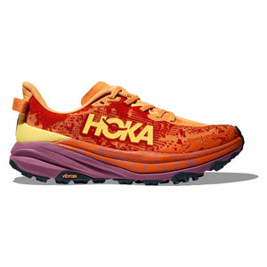 Orange and red running shoe with 'Hoka' branding.