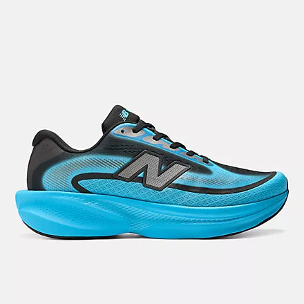 A New Balance running shoe in bright blue, black, and gray, shown against a light gray background.