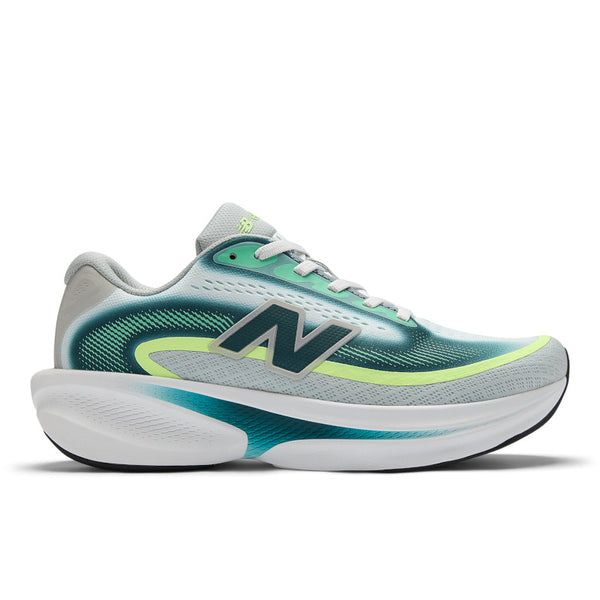 Green and gray men's running shoe with New Balance logo on a white background.
