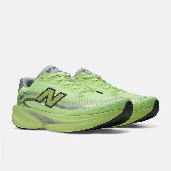 Bright green running shoe with New Balance logo on a white background