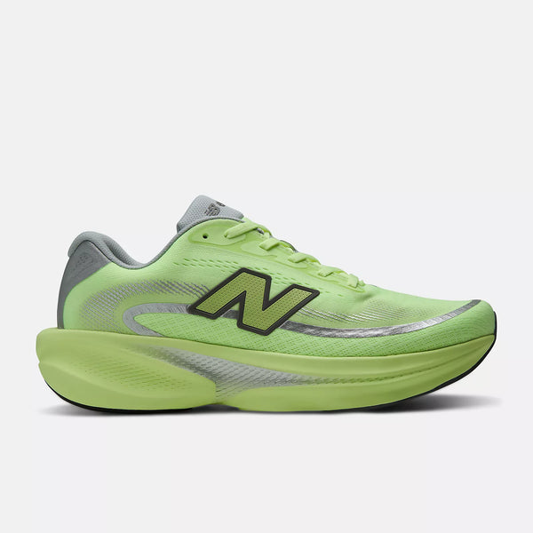Green running shoe with a brand logo on a white background