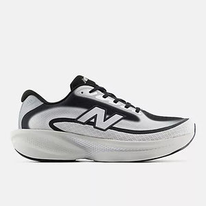 A New Balance running shoe in white, black, and gray, shown against a plain white background.