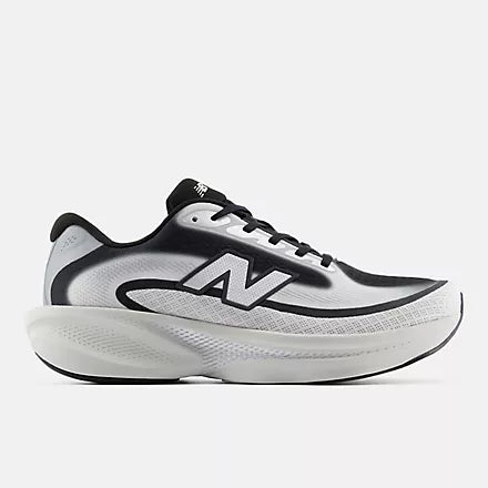 A New Balance running shoe in white, black, and gray, shown against a plain white background.