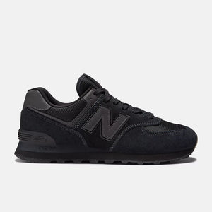 All black New Balance sneaker on a light gray background