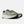 Gray running shoes with black and white sole on a light gray background