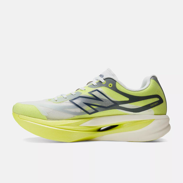 A New Balance running shoe in a vibrant neon yellow-green and white colorway, featuring a thick white foam midsole and a dark gray 'N' logo on the side, shown against a light gray background.