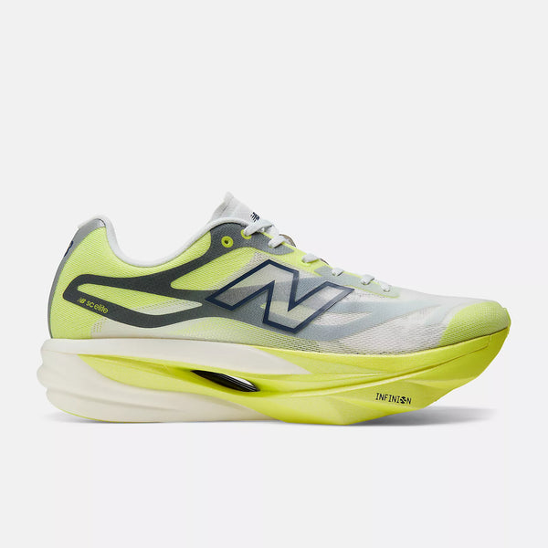 A New Balance running shoe in neon yellow, light gray, and black, shown from a side profile view against a light gray background.