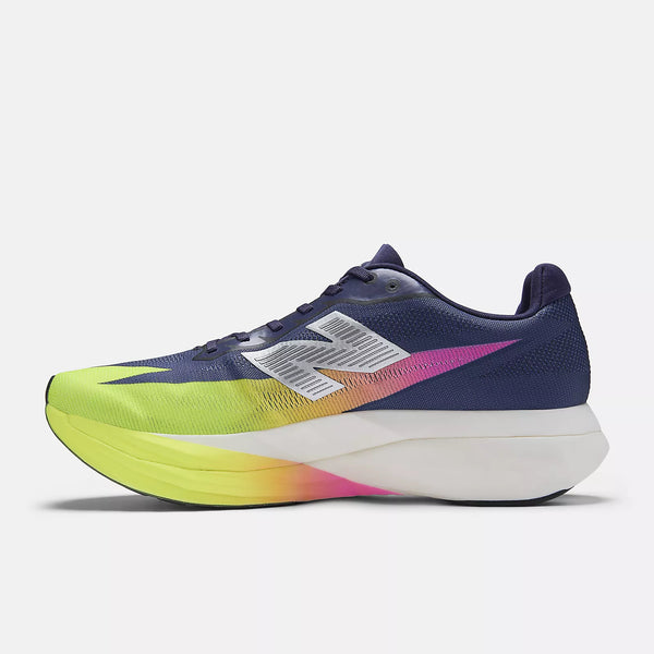 Multicolored running shoe with a brand logo on a white background