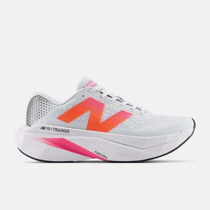 White running shoe with pink accents on a white background