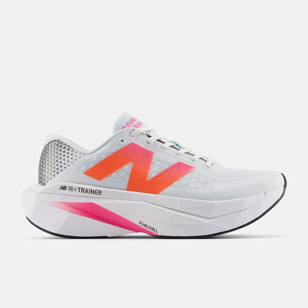 White running shoe with pink accents on a white background