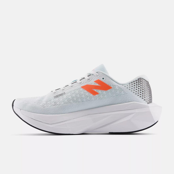 White running shoe with orange logo on a light gray background