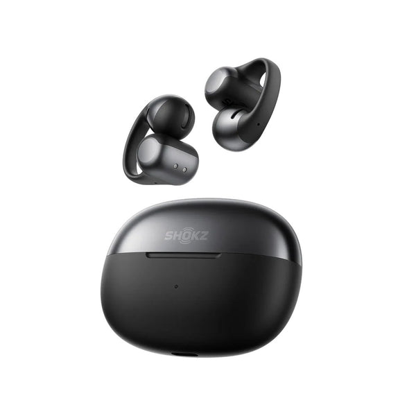 Black wireless earbuds with charging case on a white background