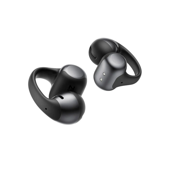 Black wireless earbuds on a white background