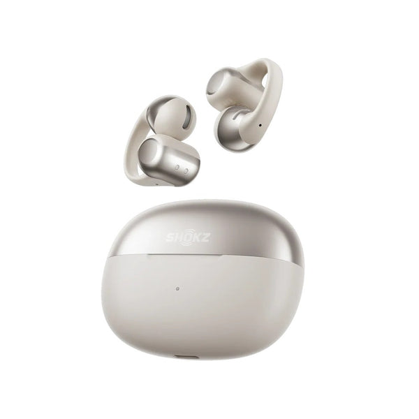Wireless earbuds with charging case on a white background