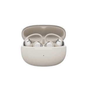Grey wireless earbuds in an open beige charging case on a white background
