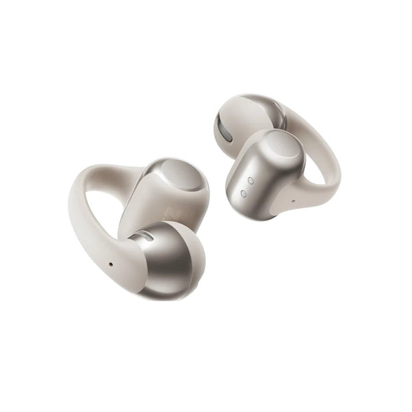 Pair of silver wireless earbuds on a white background