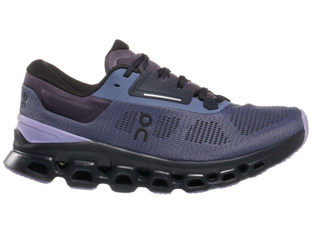 Lateral view of the Women's Cloudstratus 3 by On in Metal/Wisteria