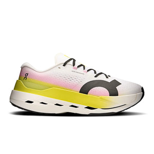White running shoe with pink and yellow accents on a white background